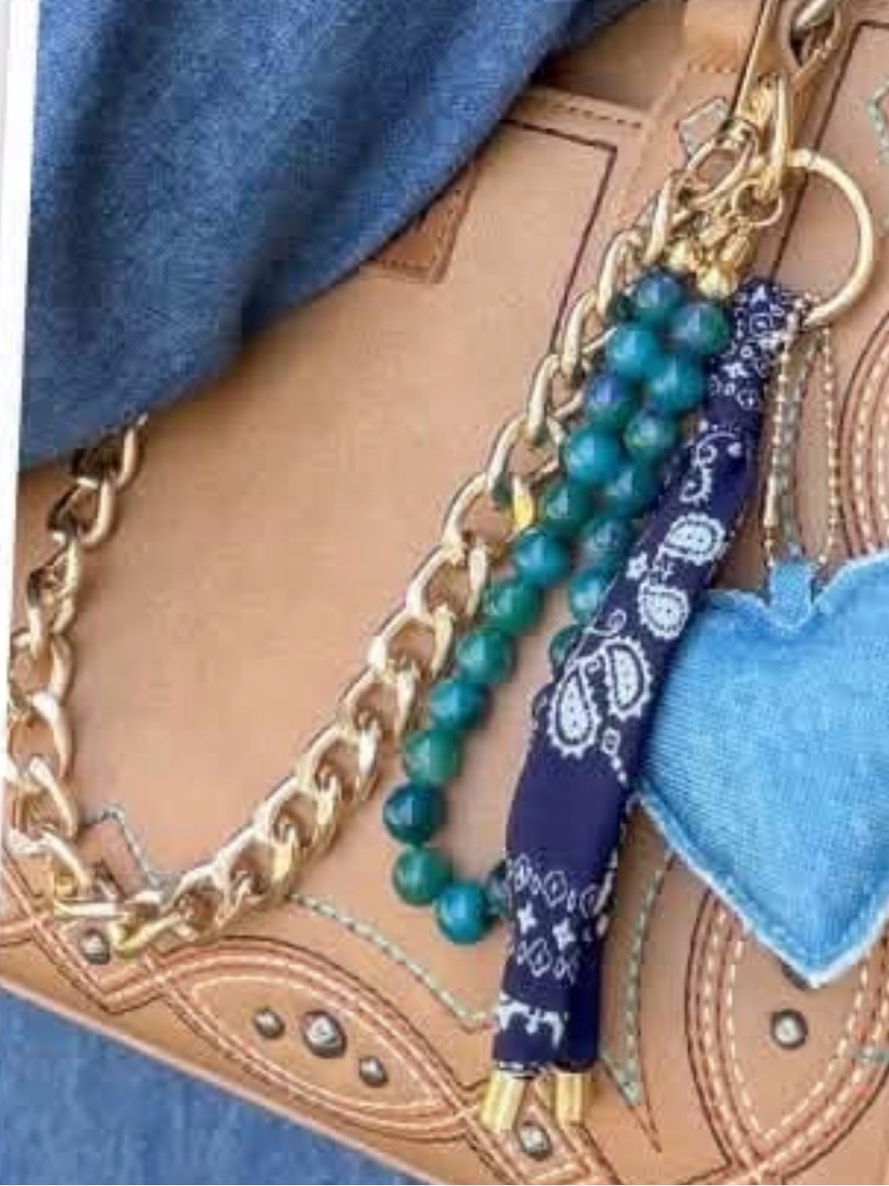 Park Lane Blue Denim Heart Keychain with Teal Bead Strand and Navy Bandana Tie - Picture 4 of 9